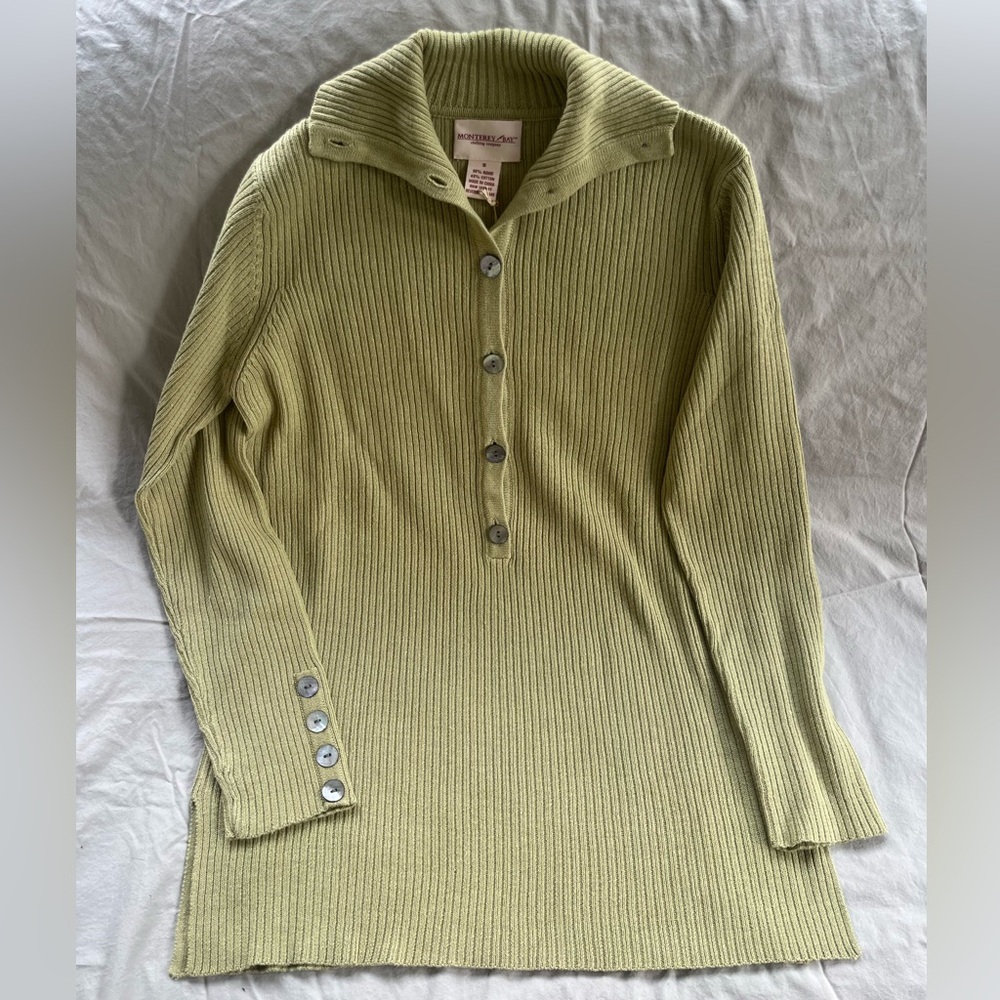 Sage Green Monterey Bay Sweater with collar and Shiny Buttons. Size S.
